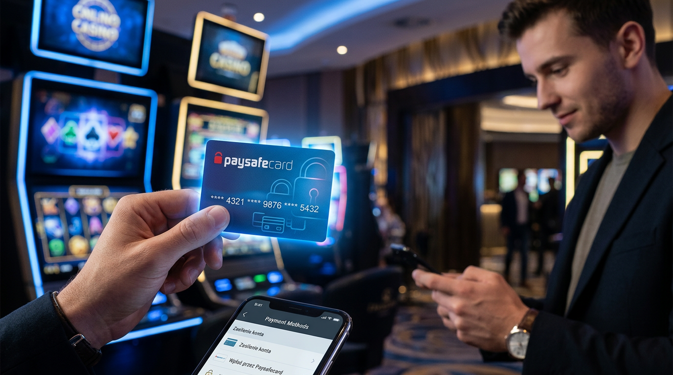 Cyfrowa bezpieczna karta Paysafecard na tle nowoczesnego kasyna online.