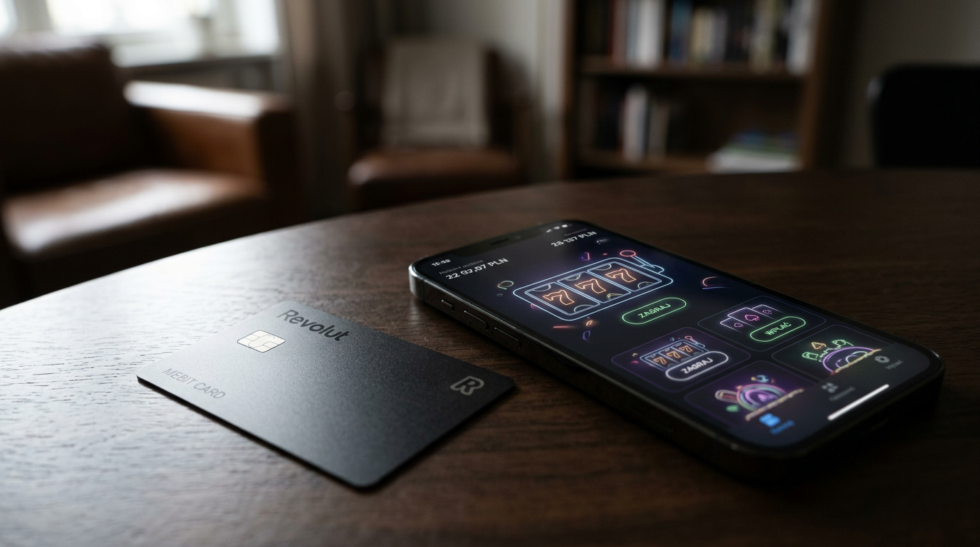 Karta Revolut Metal i telefon z aplikacją kasyna online w nowoczesnym otoczeniu