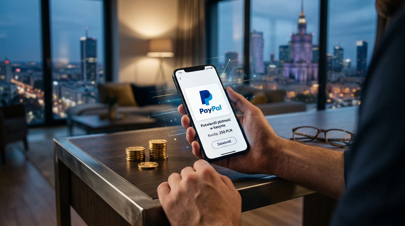 Nowoczesny interfejs kasyna online z widocznym logotypem PayPal i ikonami bezpiecznych płatności cyfrowych