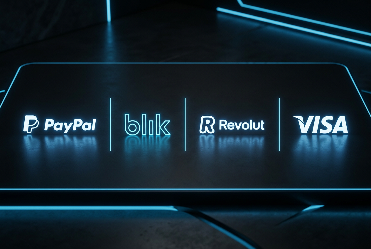 Porównanie różnych metod płatności: ikony PayPal, BLIK, Revolut i karty kredytowej na czystym tle